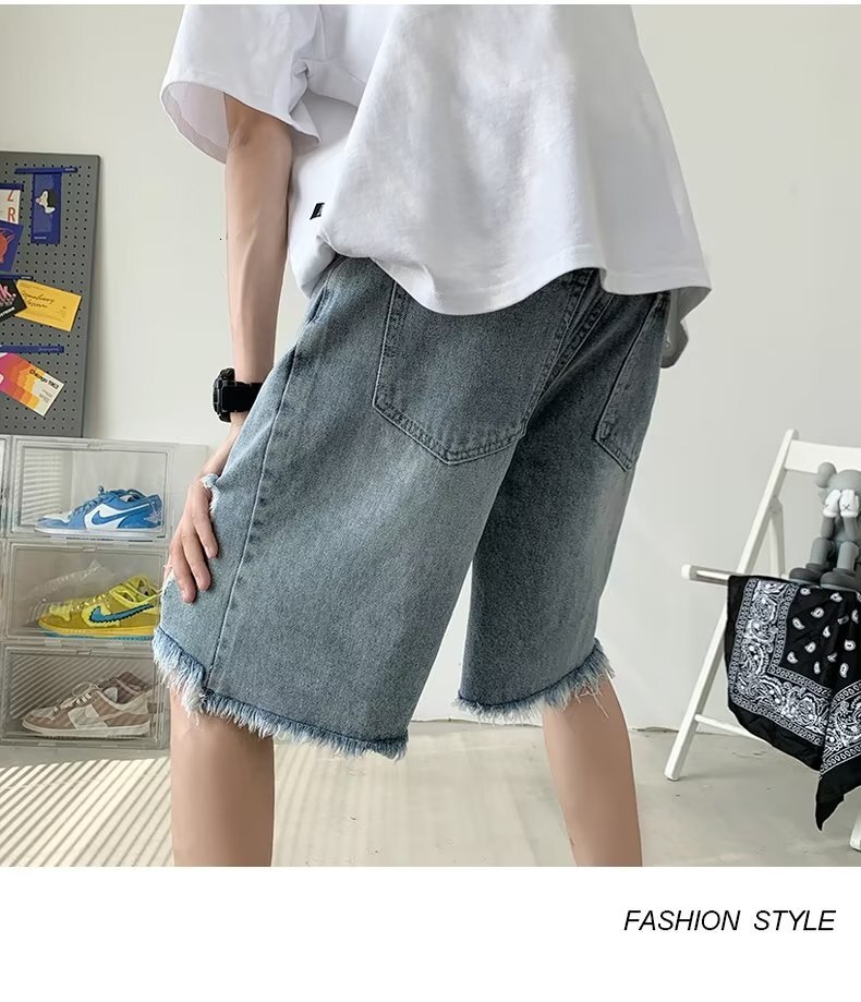 Perforated denim shorts summer thin, loose, straight leg pants, trendy Instagram for men's casual 5-point medium pants