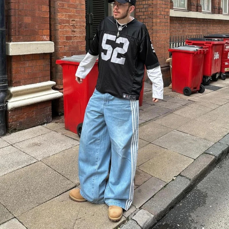 Striped Black Jeans for Men Clothing Street Vintage Hip Hop Harajuku Baggy Casual Straight Pants 240719