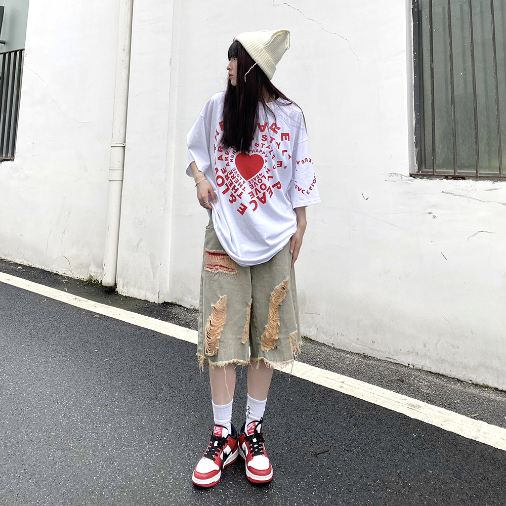 ~Trendy dressing with patch fabric, holes, casual loose denim shorts, men's and women's cropped pants