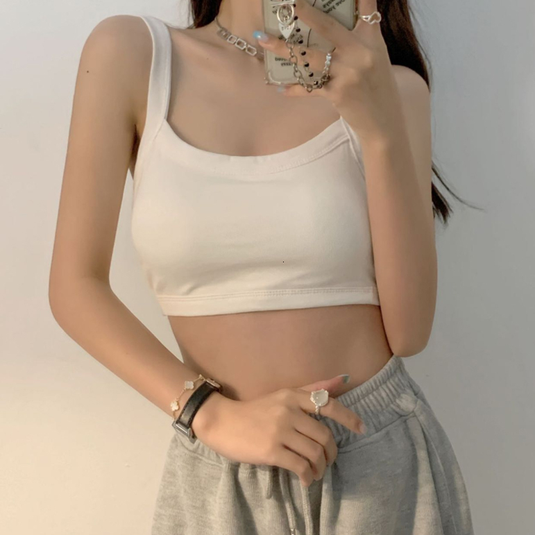 Summer New Cotton Back Women's Small Strap Tank with Chest Cushion Short Outfit Bottom Top