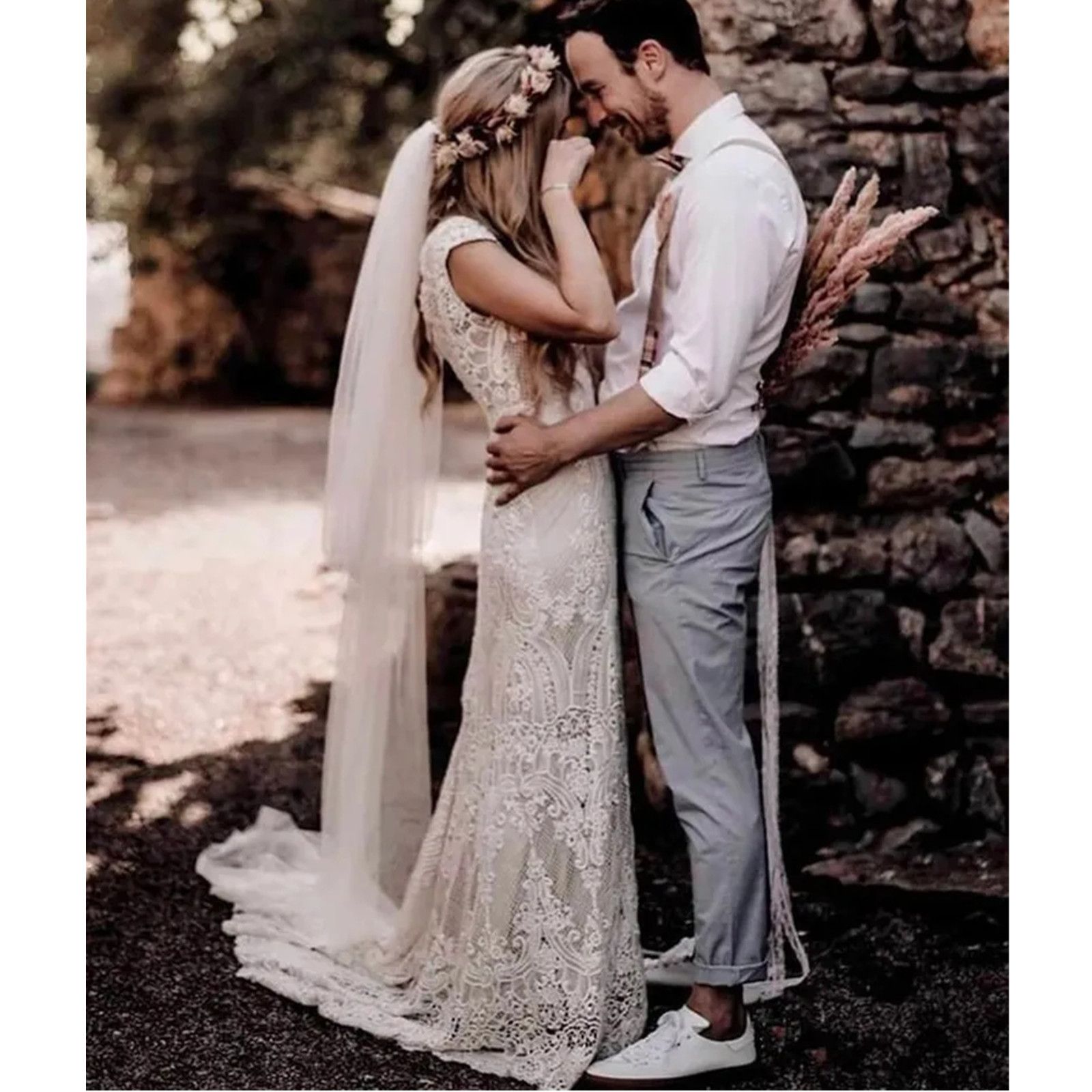 100% Real Photos Simple Sexy V Neck Open Back Cap Sleeve Mermaid Bohemian Sweep Train Lace Wedding Dress Bride Gown 2024 Custom made