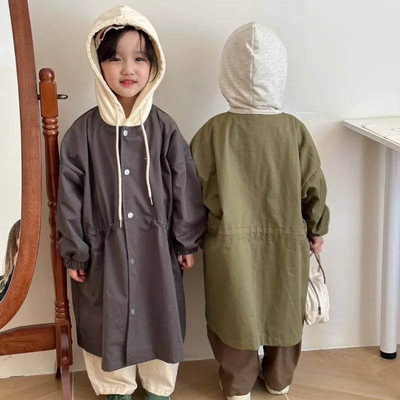 Spring Kids contrast color hooded trench jackets Boys and girls loose casual long style wind jackets 240711
