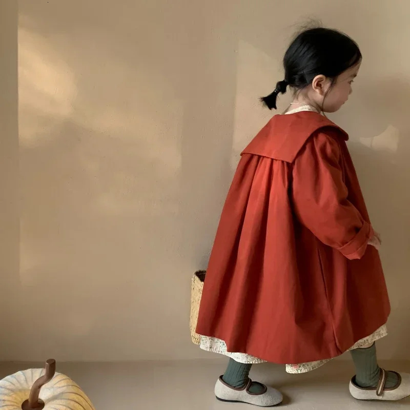 Baby Long Windbreaker Collar Children Kids Fashion Trenchcoats Korean Style Toddler Girls Clothes Autumn Kaki Trench Coats 240711