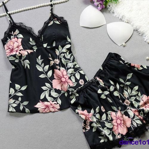 Womens Sexy Floral Satin Lace 2Pcs Sleepwear Nightdress Pamas Set 2019