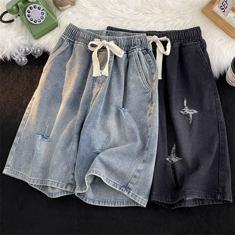 Drawstring elastic waistband distressed denim for men's summer street fashion label loose straight leg oversized casual cropped shorts