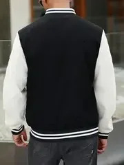Mens Casual Letter Print Color Block Jacket Chic Button Up Baseball Collar Varsity 240712