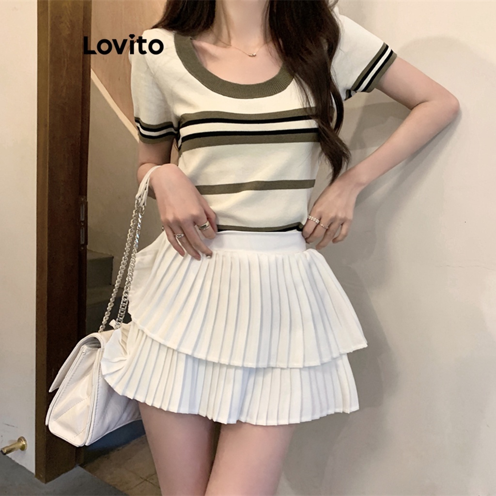 Lovito Casual Striped Short Sleeve T-Shirt for Women LNA21137 Apricot/Black