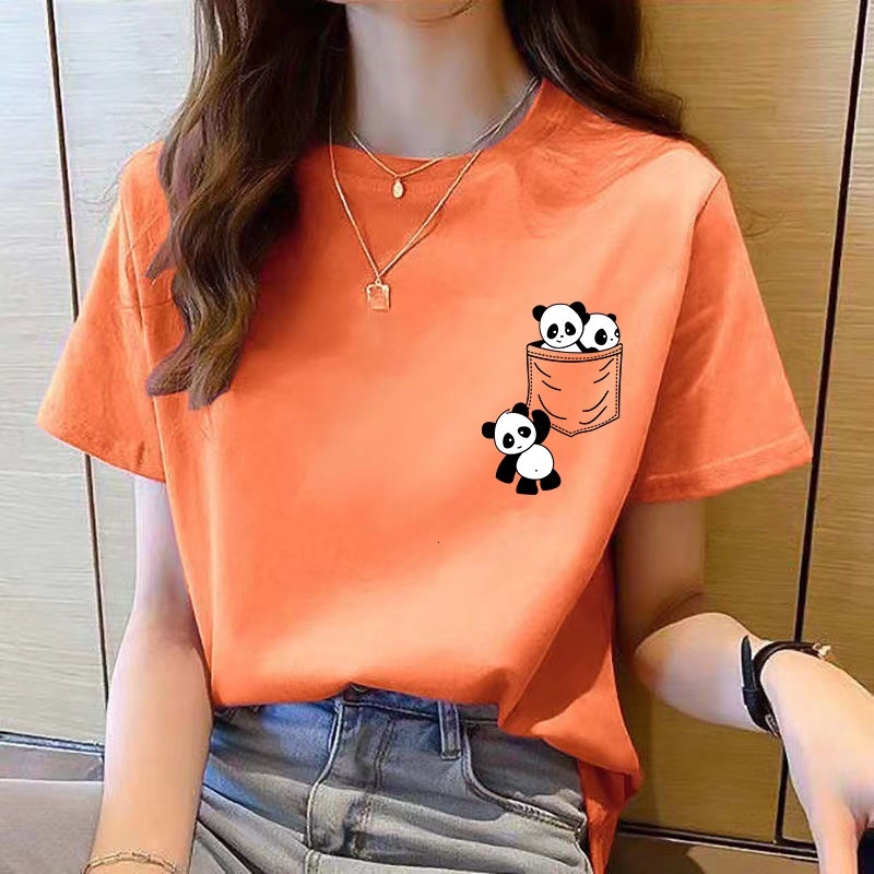 Year's clothing, women's tops, new Women's Short Sleeve Top Summer New pocket panda Cartoon Printed T-shirt Korean fashion tops Loose r