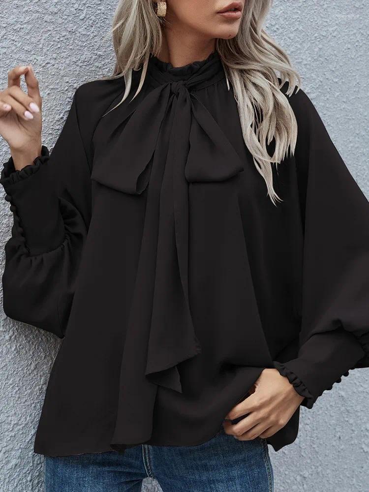 Women's Blouses Fashion Solid Color Chiffon Shirts Women Bowknot Leace-up Sleeve Temperament Elegant Lady Trendy Commuting Clothing