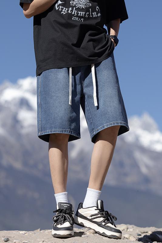 Summer new trend five quarter men, loose elastic waistband, lace up denim shorts for men