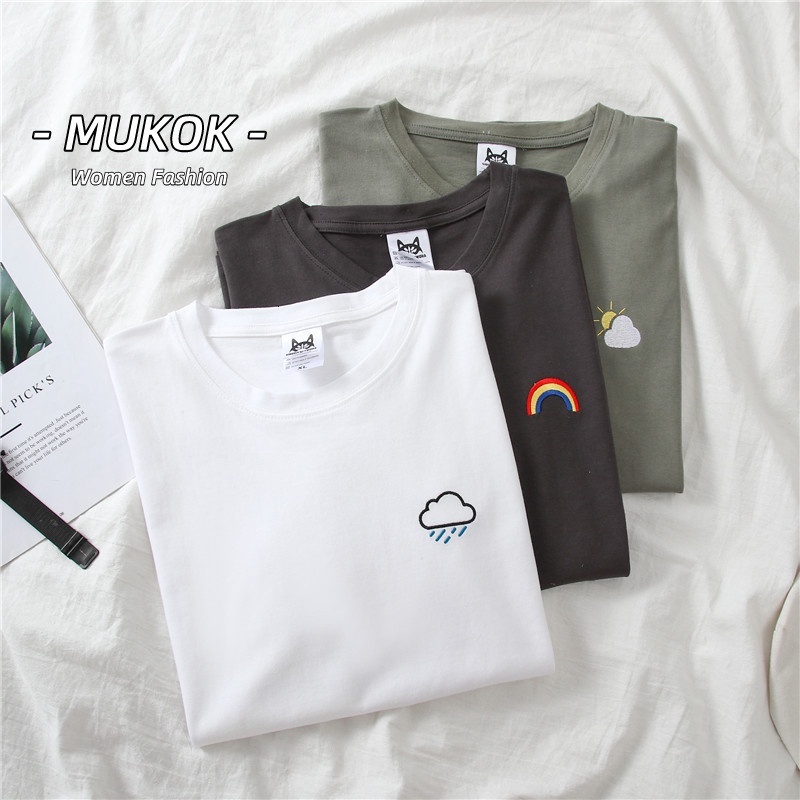 SUXI Round Neck Korean Rainbow Embroidery Short Sleeve Shirt T-shirt