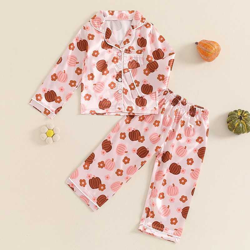 1-5Y Little Girl Satin Pajama Set Pumpkin Flower Long Sleeve Shirt Set Childrens Halloween Pajama Childrens Lounge SetW240716