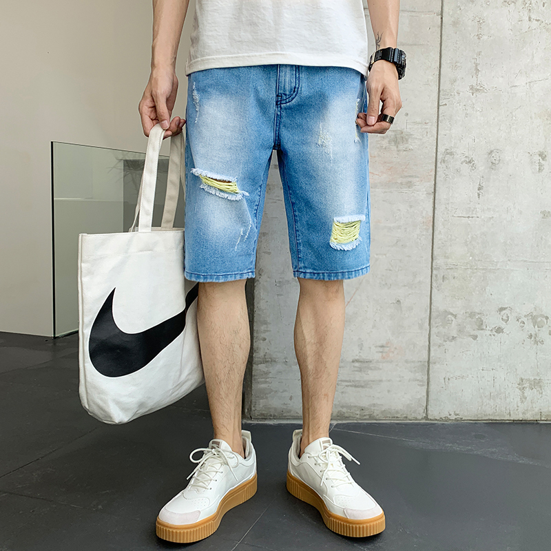 Denim shorts 2022 summer men's ripped jeans 5-point mid length pants