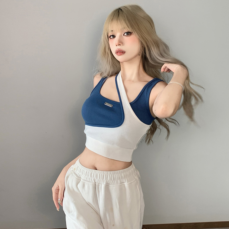 Spicy vest girl group style jazz slim fit short cut crop top with exposed navel dance top, color blocking fake, two irregular outfits for wearing outs