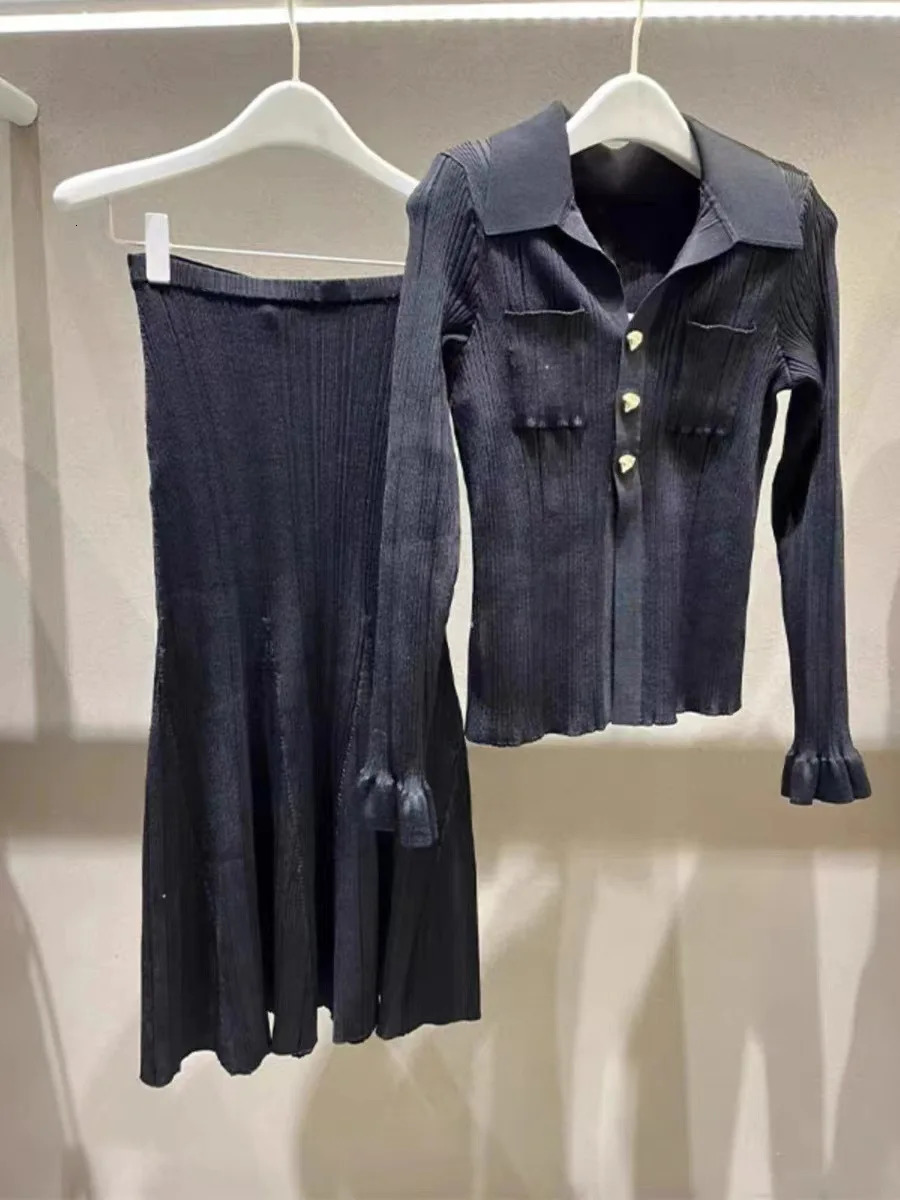 Women Knitted Set Yellow Spring Metal SingleBreasted Sweater Cardigan or High Waist Slim Midi Skirt Suit 240712