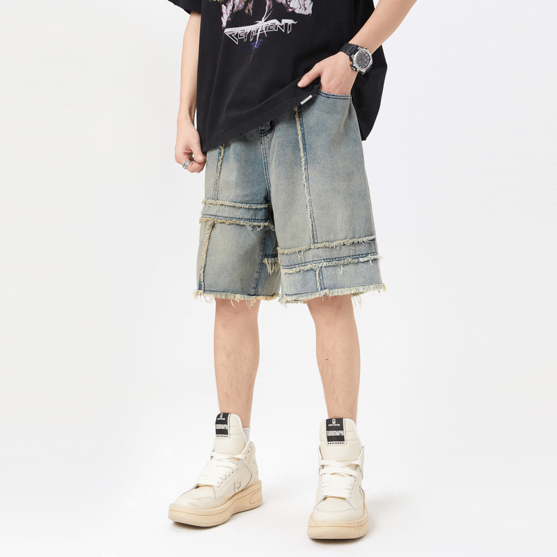 American style denim shorts, men's summer fashion label, casual fur edge design, five point pants