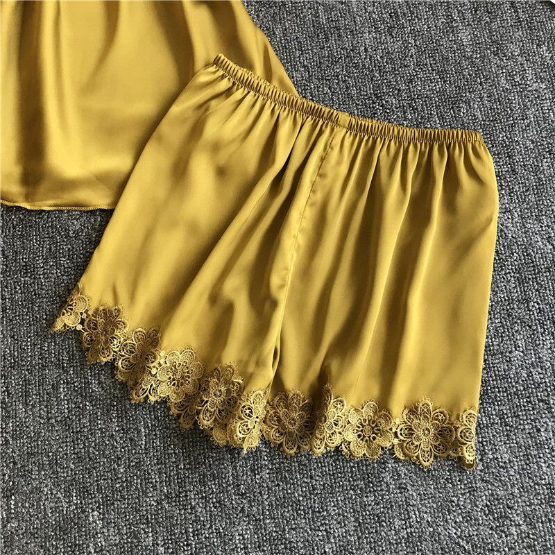 Sexy V-neck women pamas summer ice silk with chest pad nightdress shorts two-piece set thin sleepwear
