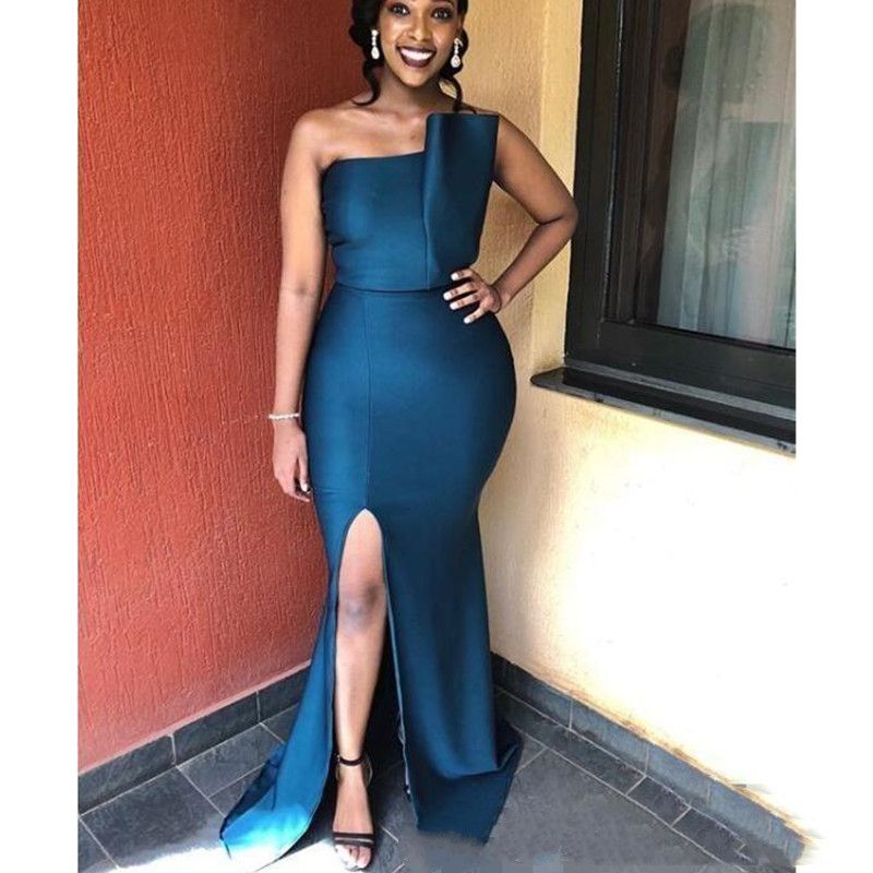 Navy Blue Mermaid Bridesmaid Dresses 2024 Side Slit One Shoulder Straps Floor Length Custom Made Maid of Honor Gown Wedding Guest Party Wear Custom ma