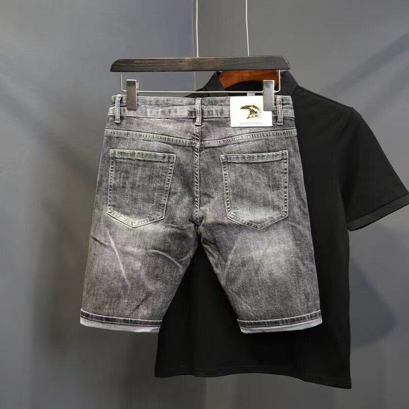 European station men's Denim Shorts summer cropped trend slim fitting breeches casual elastic pants
