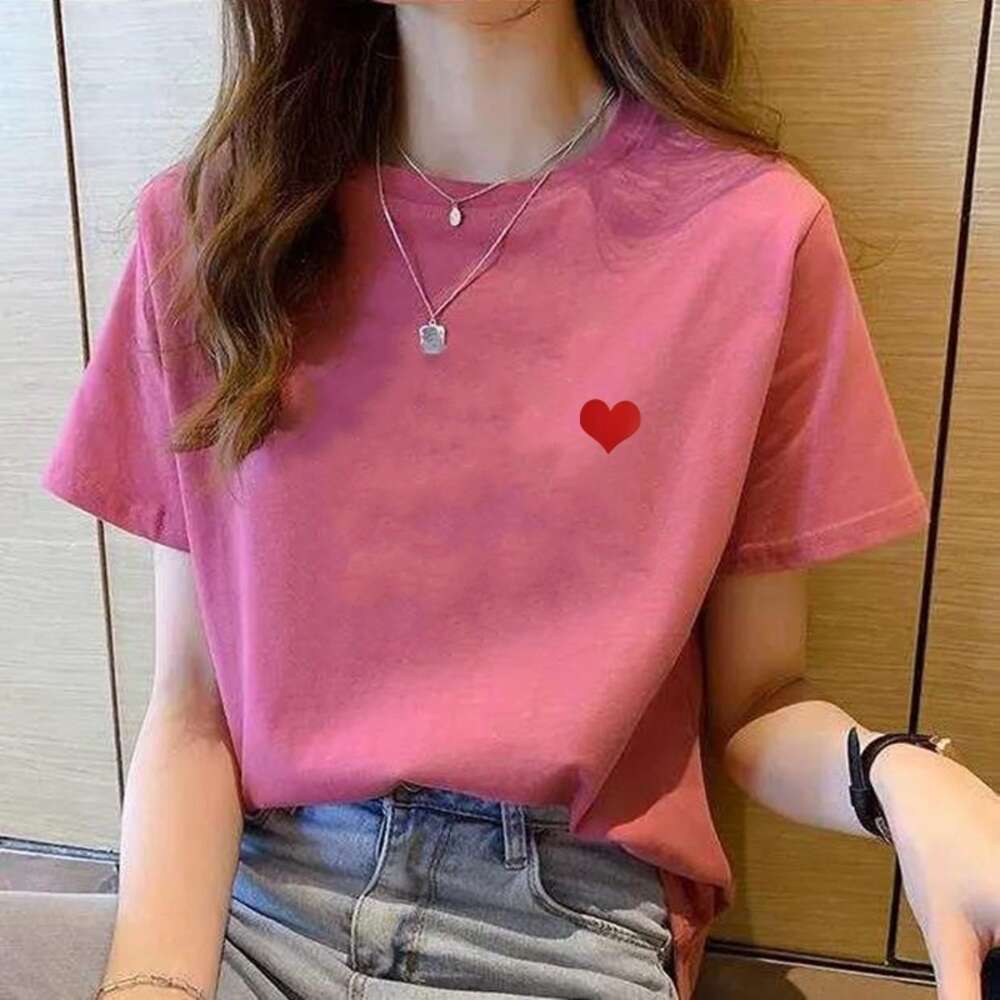 Women Simple Love Print Short Sleeve T-shirt Loose Top Korean Style Casual Tee