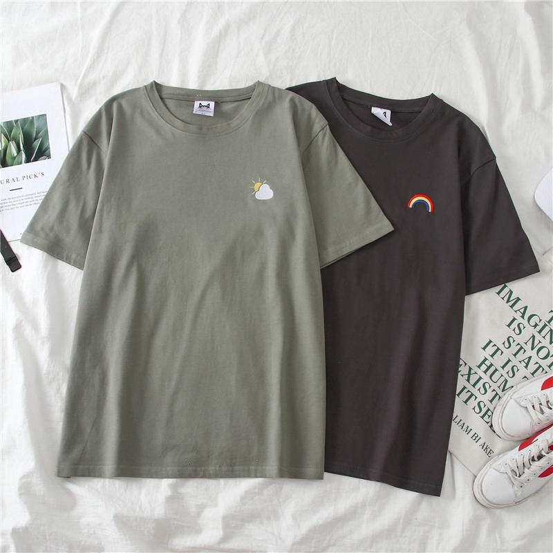 SUXI Round Neck Korean Rainbow Embroidery Short Sleeve Shirt T-shirt