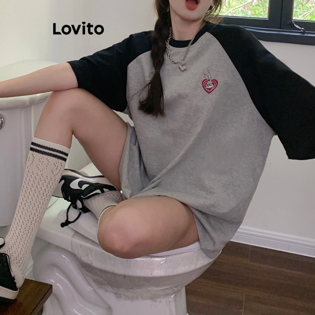 Lovito Casual Patchwork Contrast Binding T-Shirt for Women LNA17117 (Grey)