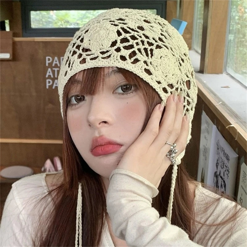 Fashion Beanie Hat for Women Girl Crochets Flower Knitted Hat Ethnic Style Cap Girl Bonnet Y2K Sweet Hat Adult Headdress 240712