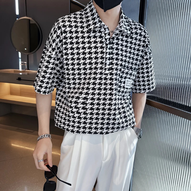 Summer Houndstooth Plaid Loose Shirts Men Hawaiian Short Sleeve Mens Social Dress Casual Beach Button Up Blouse Hommes 240716
