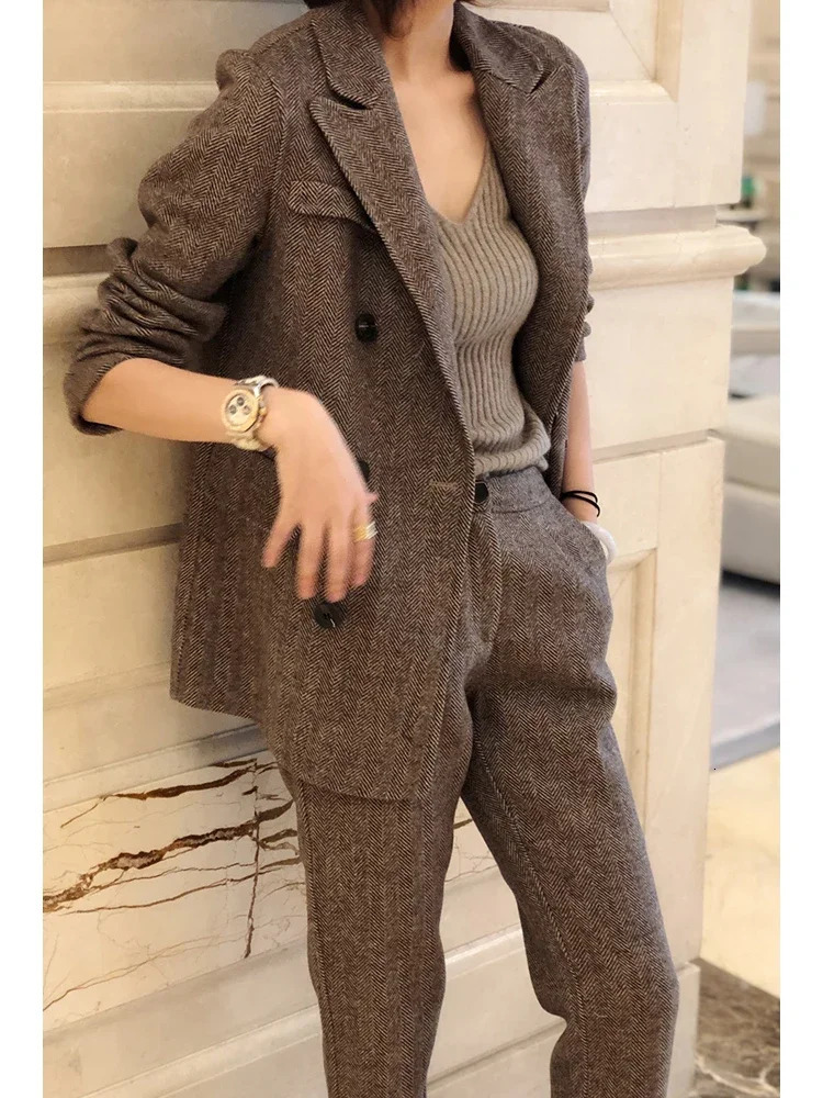 Women Woolen Blazer and Pantsuits Chic Elegant Korean Fashion Trousers Outfits Autumn Female Suit Jacket 2 Piece Sets 240717
