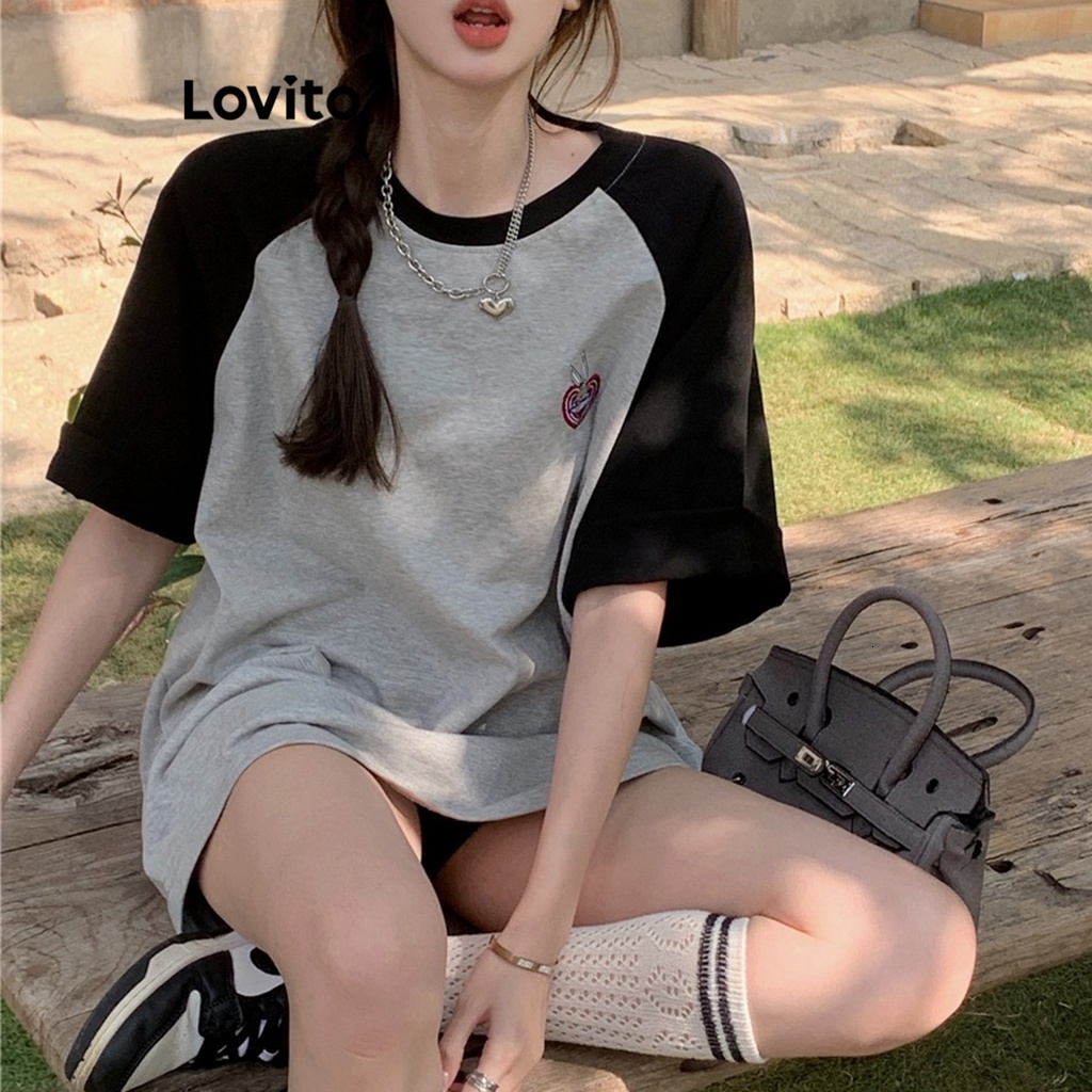 Lovito Casual Patchwork Contrast Binding T-Shirt for Women LNA17117 (Grey)