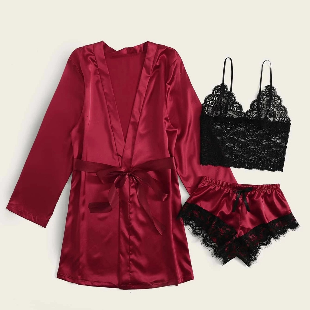 3PC Silk Robe Sleep Suit Womens Lace Satin Pajamas Gown Set V-neck Cami Nighties Wear Pijama Home Nightwear Spring Nightdress
