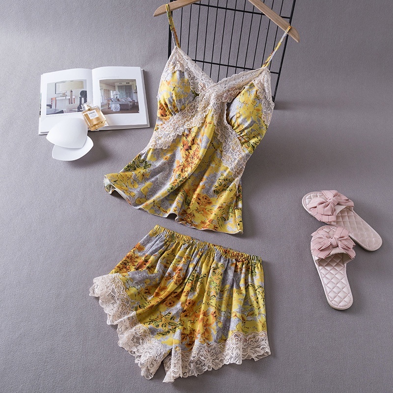 Sexy Padded Pamas For Women Ice Silk Suspender Short Two Piece Set Sleepwear