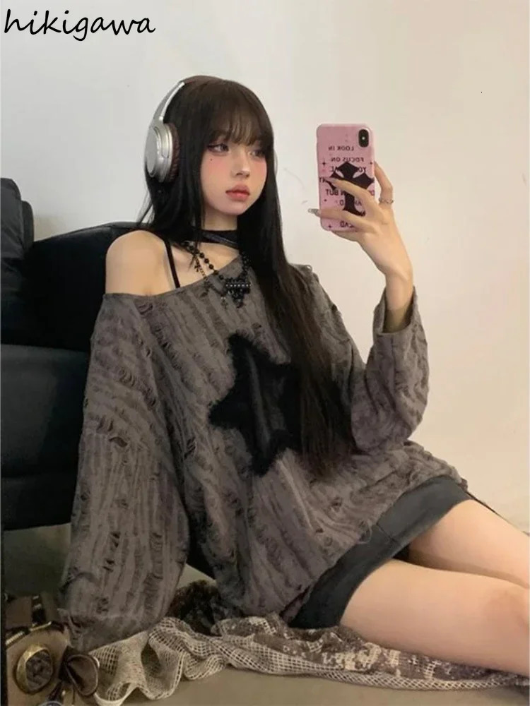 Harajuku Tshirts Fashion Tops Star Hollow Out Long Sleeve T Shirt Korean Kawaii Ropa Mujer Casual Y2k T-shirt Clothes for Teens 240717