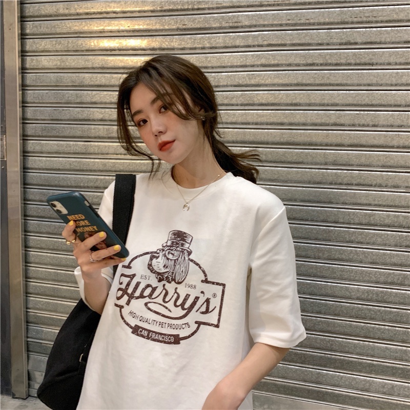 Women's T-shirt Korean Round Neck Simple Pattern Letter Printing Short-sleeved Fashion Loose Couple Top
