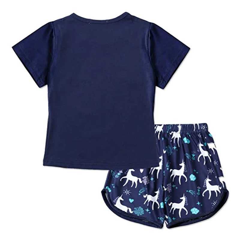 New Nightwear Cotton Nightwear Suitable for Girls Shorts+Sleeves Top Set Summer Fashion Home Clothing Baby Sleep ClothingW240716