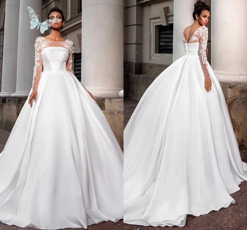 Fashion White Satin Wedding Gowns Appliqued Long Sleeves Sheer Neck Robes de Mariee Simple Boho Garden Sweep Train A Line Bridal Custom Made