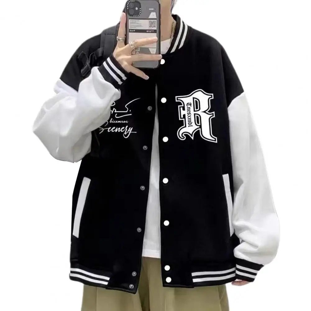 Fall Winter Men Baseball Coat Letter Print Stand Collar Loose High Street Style Jacket Elastic Striped Cuff Fashion 240712
