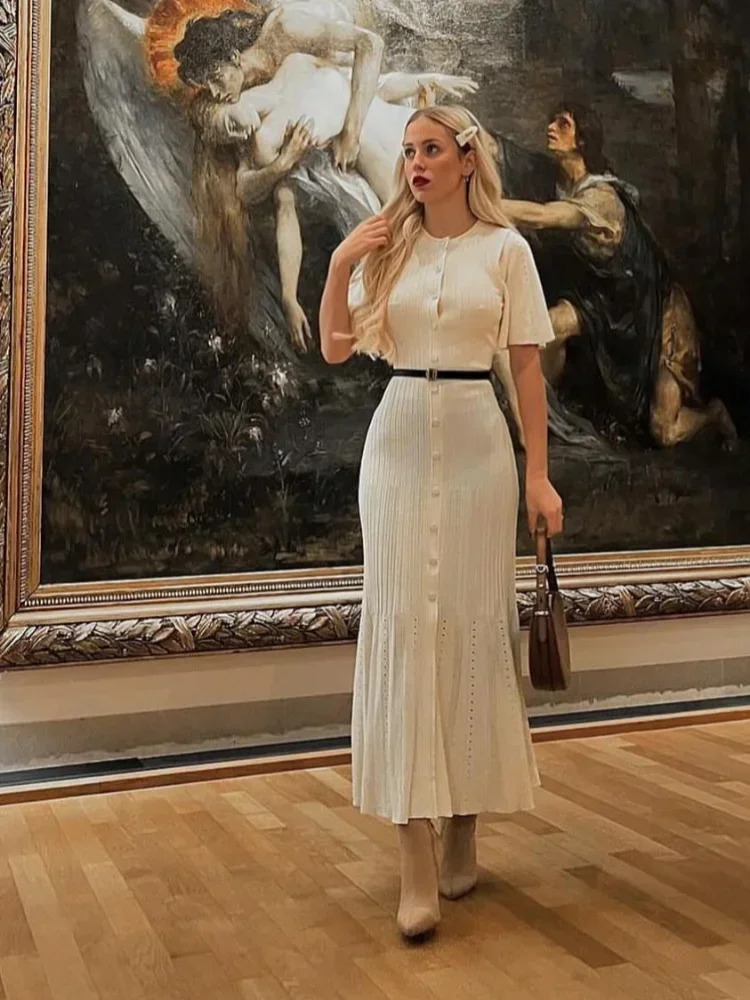 Elegant Knitted Hollow Out Maix Dress For Women Fashion Solid Single Breasted Short Sleeved Slim Dresses Lady Commuting Robe 240715
