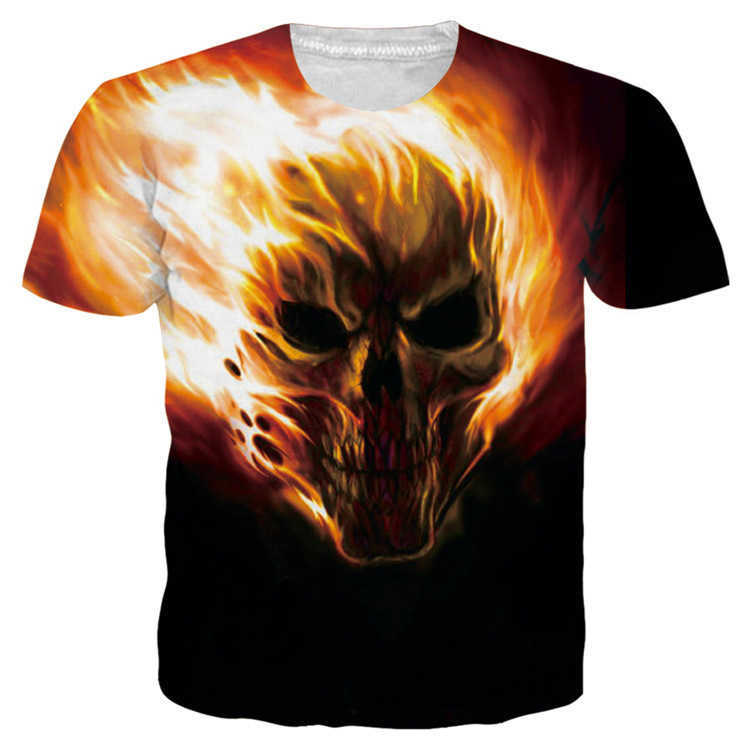 3D digital printed flame skull mens round neck T-shirt hot selling casual trend short sleeved shirt