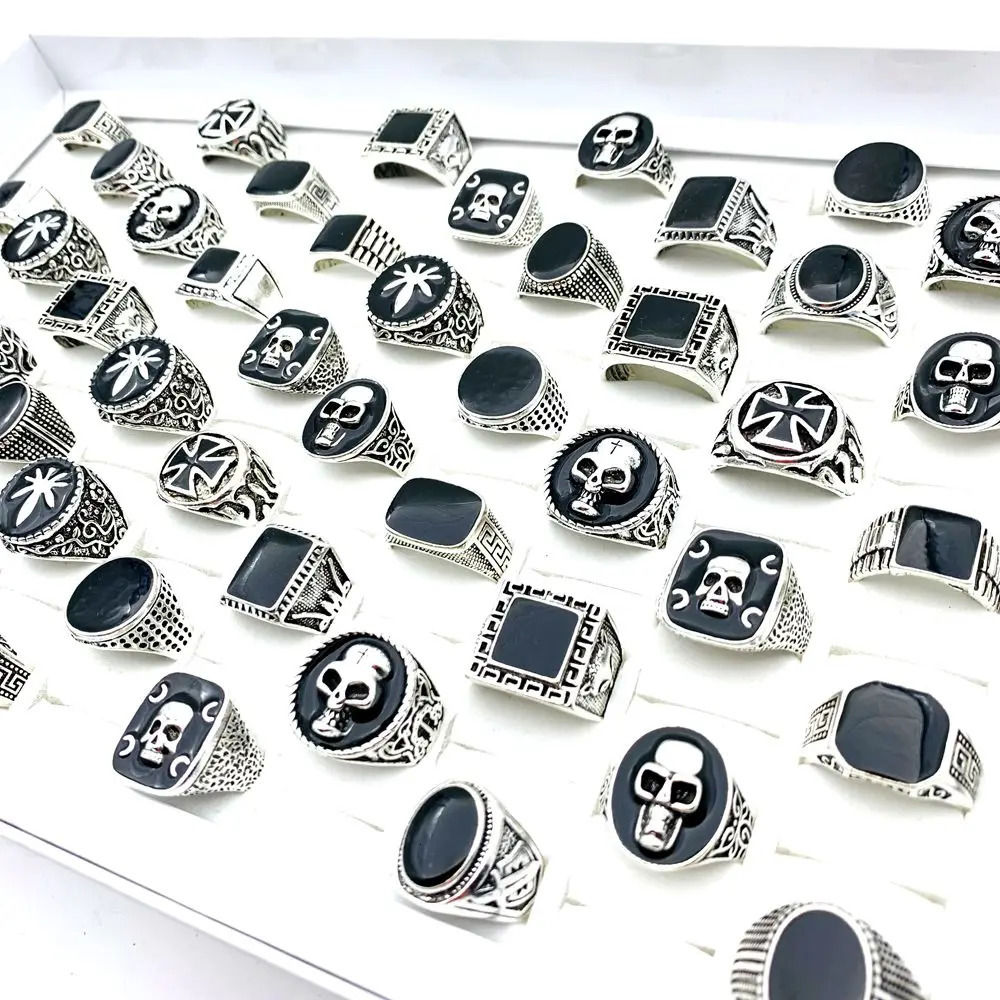 50 mens rings black enamel silver plated skull cross punk style fashionable jewelry wholesale 240710