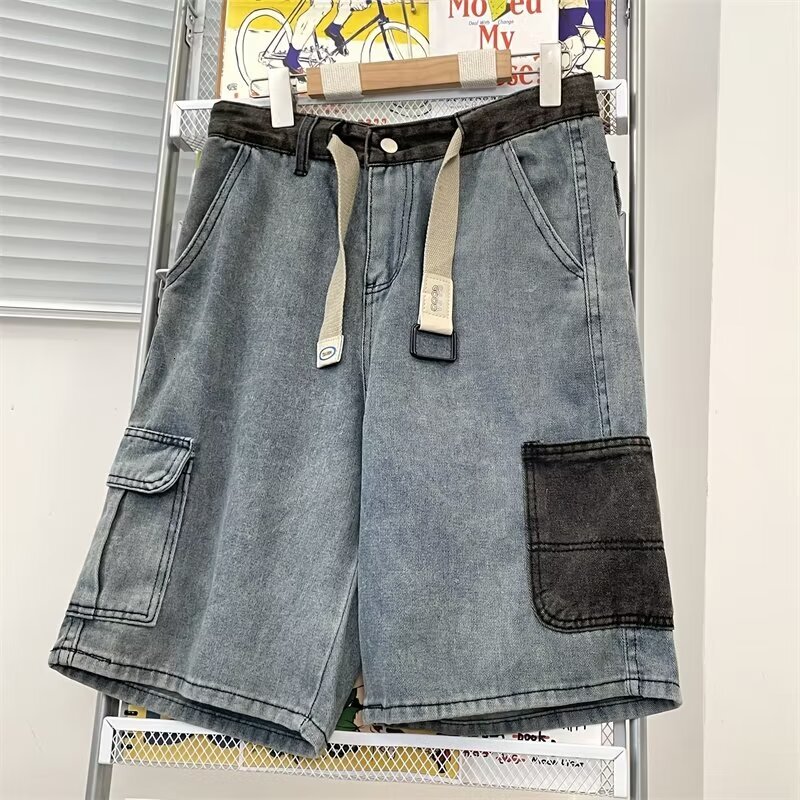 Summer American high street denim shorts, men's washed trendy brand loose mid length pants, niche patchwork contrasting five quarter pants