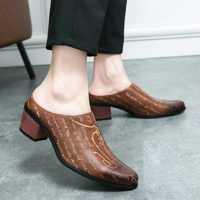 Summer High Heel Mules Men Half Shoes For Man Leather Slippers Mens Casual Shoes Formal Loafers Dress Male Slides Sandals 240718