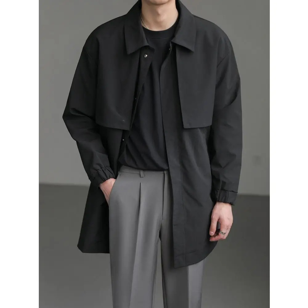 High-end Korean Fashion Mid-length Windbreaker Jacket Man Autumn Loose Casual Lapel Mens Windbreaker Trench Coat Men 240719