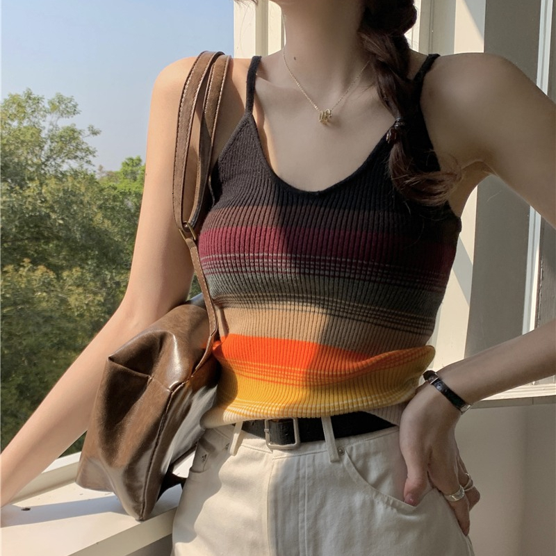 Summer striped undershirt, women's knitted camisole vest, short sleeved spicy girl top, outerwear design sense