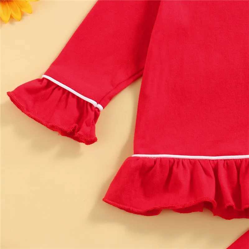 1-11 Year Baby Girls Pajama Set with Collar Ruffle Bottom Button Red Top Childrens Christmas Pajama SetW240716