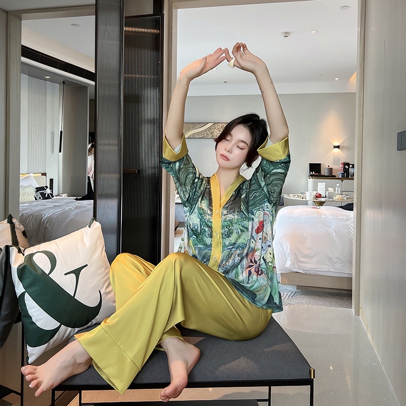 Ice Silk Pamas Women's Spring And Autumn Long Sleeved Cardigan High Quality Printing Suit Pyjamas