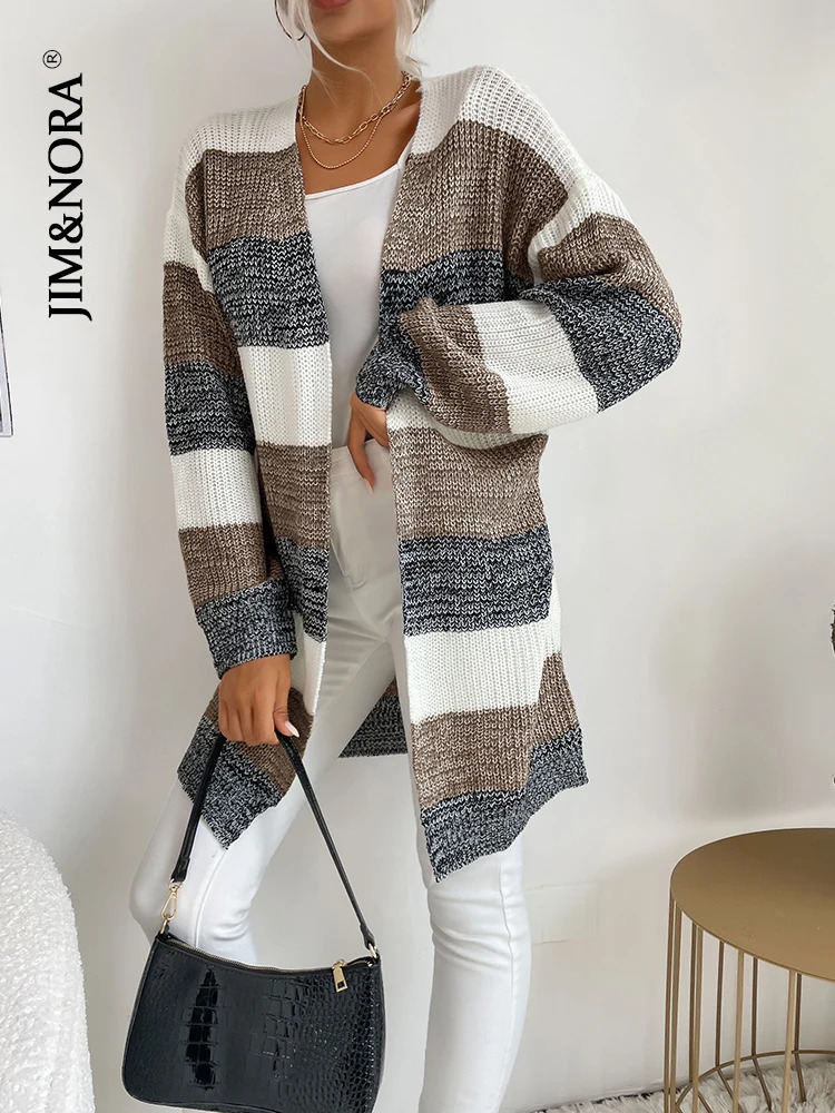 JIM NORA Autumn Women Cardigan V-neck Knitted Sweater Fashion Warm Holiday Cardigan Colourblock Soild Colour Coat 240717