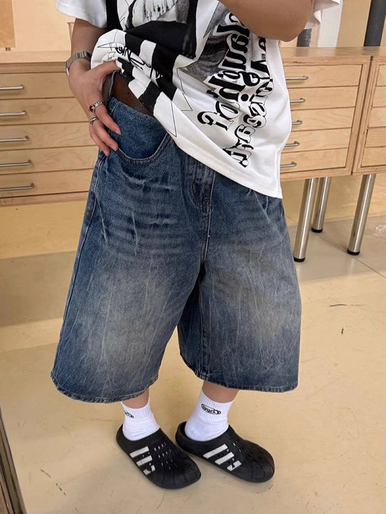 New American washed lightning pattern loose cropped denim shorts men and women, straight leg summer pants for the streets