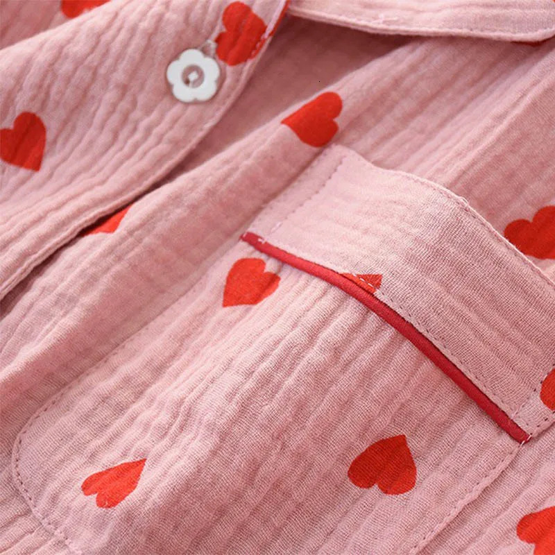 Spring Ladies Pajamas Set Heart Printed Crepe Cotton Doublelayer Gauze Turndown Collar Longsleeve Trousers Household Wear 240712