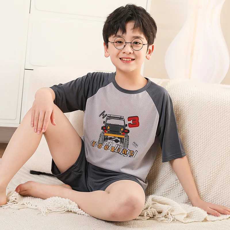 Baby sleepwear summer short sleeved childrens clothing sleepwear youth sleepwear silk cotton sleepwear set 6 8 10 12 years oldW240716